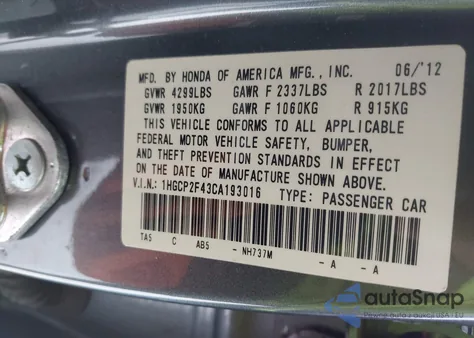 2012 Honda Accord 2.4 Lx-P from USA, damaged, VIN 1HGCP2F43CA193016